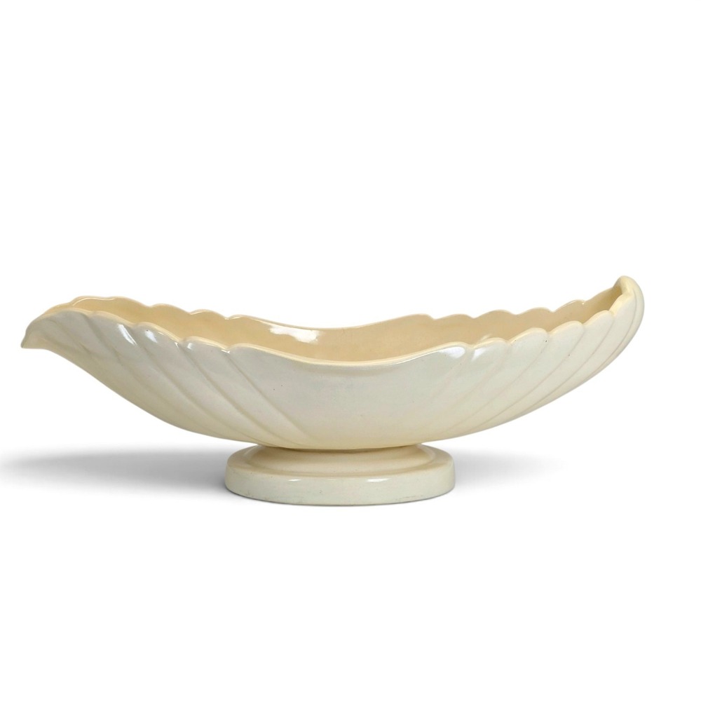Vintage 18" Ivory Ceramic Console Bowl Footed Fluted Scalloped MCM Centerpiece